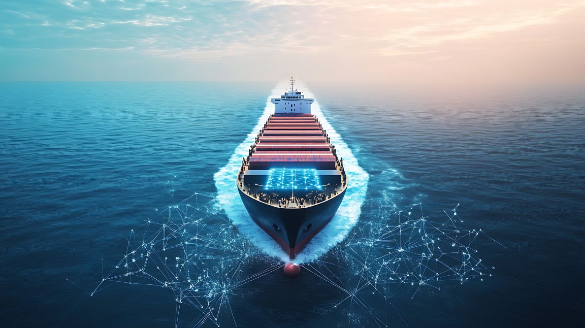 Containerschiff auf offenem Meer mit digitaler Vernetzung als Symbol für moderne, automatisierte Logistik.