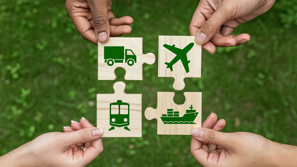 Hände setzen hölzerne Puzzleteile mit grünen Symbolen von LKW, Flugzeug, Zug und Schiff zusammen und stehen dabei sinnbildlich für multimodale Logistik‑ und Transportlösungen.