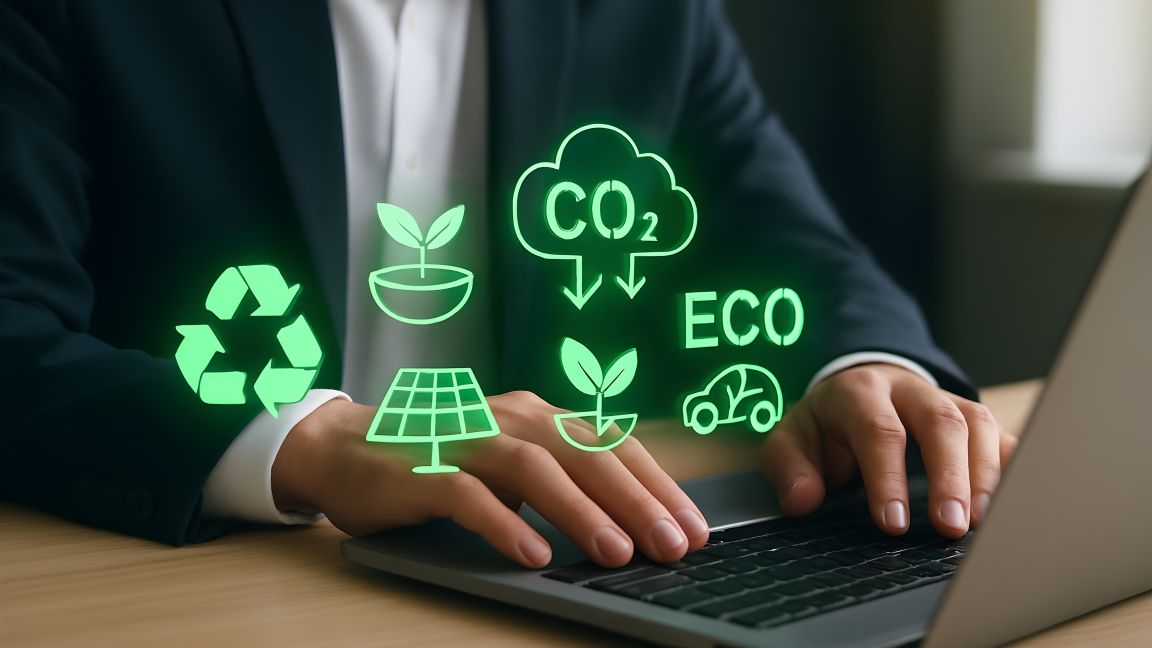 Eine Person arbeitet an einem Laptop, über der Tastatur schweben grüne Symbole für Nachhaltigkeit wie Recycling, Solarenergie, Pflanzen, CO₂-Reduktion und umweltfreundlichen Transport.