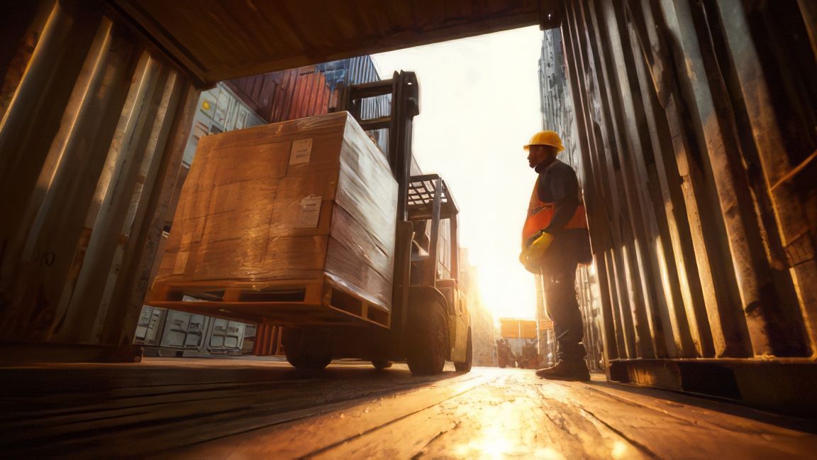 Gabelstapler belädt einen Container mit Paletten, während eine Person den Vorgang überwacht.
